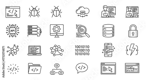 Software development icons for programming and coding. Bug and error debugging, API connection, cloud computing, database management, cybersecurity, binary data, neural network.