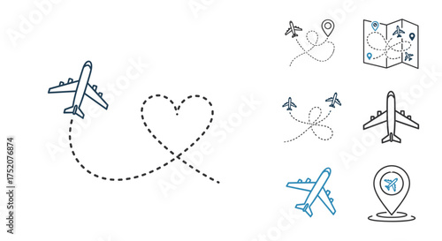 Airplane travel icon set with flight path, heart love route, destination map pin and location marker. Vector line art illustration for tourism, vacation and airline concepts.