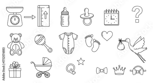 Big set of newborn baby line icons. Includes stork, bottle, pacifier, calendar, teddy bear, romper, footprints, stroller, gender symbols, gift. Vector for baby care, maternity, birth announcement.
