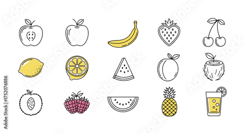 Set of colorful hand-drawn fruit icons. Vector line art illustration of apple, lemon, pineapple, watermelon, strawberry, banana, cherry. Healthy food, summer, vitamin concept.