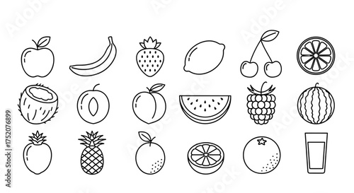Set of fruits and berries line icons. Healthy food symbols. Vector outline graphic elements for design. Apple, banana, orange, strawberry, cherry, watermelon, pineapple.