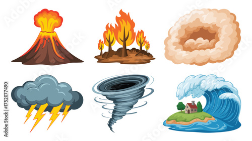 Collection of natural disaster icons and illustrations depicting environmental threats