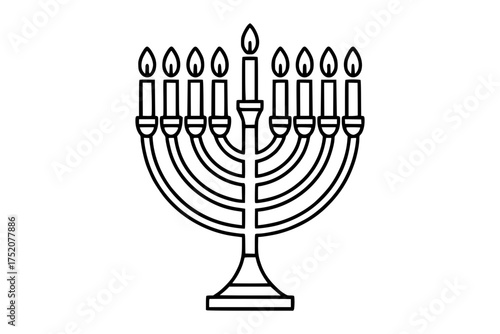 Menorah with Lit Candles for Hanukkah Cartoon Vector – Black and White Line Art Generative AI