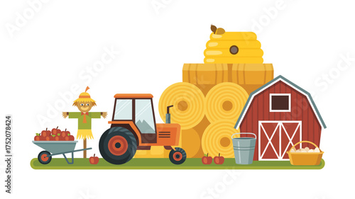 Charming farm scene with tractor barn scarecrow and hay bales