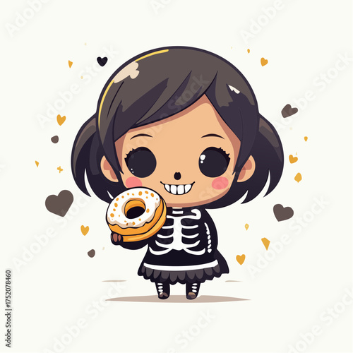 Chibi skeleton girl holding a donut with transparent background