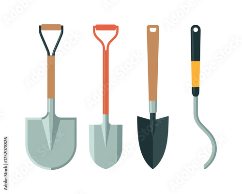 Collection of garden tools including shovels and a cultivator