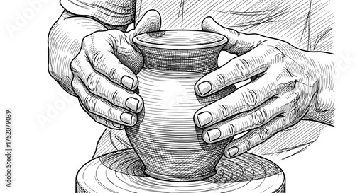 Potter hands making vase on pottery wheel engraving sketch hand drawn style black and white vintage illustration vector