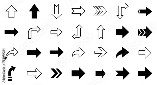 Arrow icon set. Big collection of different vector arrows. Black and white pointers in various styles like solid, outline, dashed, and curved for navigation, UI, and web design.