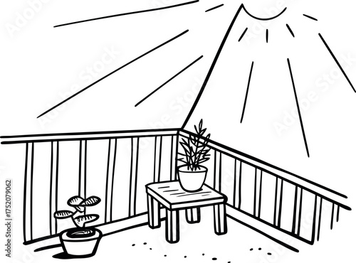 A Sunny Balcony Scene Depicting Indoor Plants and Sunbeams