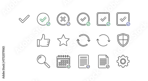 Check mark line icon set. Approve and quality validation symbols. Vector icons for UI with thumbs up, favorite, refresh, security, search, calendar, and settings gear.