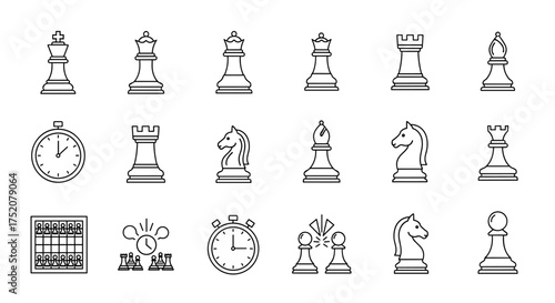 Chess game line icon set. Vector symbols: king, queen, rook, bishop, knight, pawn. Chessboard, clock timer. For strategy, competition, intelligence, board game concepts.