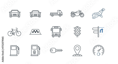 Car & transport editable stroke icon set. Vector line art symbols for transportation, auto service, urban mobility, navigation. Includes bus, taxi, truck, bike, fuel, map, key.