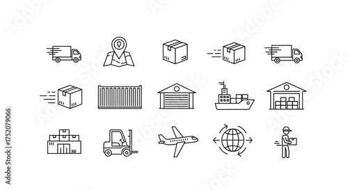 Logistics and delivery icon set. Shipping, transport, and cargo symbols. Includes truck, ship, plane, warehouse, forklift. Global freight and distribution vector outline icons.