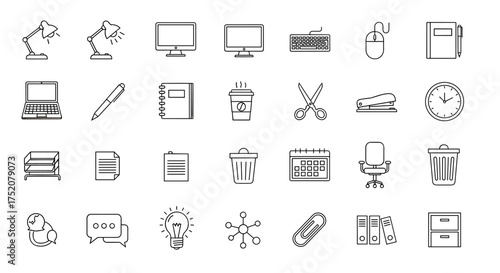 Office workspace linear icons set. Business supplies, computer, lamp, coffee, calendar, clock. Thin line vector illustration. Workplace, productivity, communication symbols.