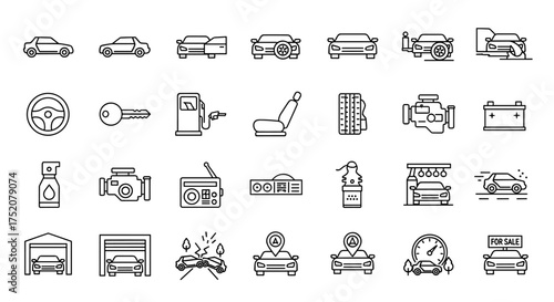 Car service and auto repair line icon set. Collection of automobile parts, driving, maintenance, and transport symbols. Includes engine, tire, battery, car wash, and accident.