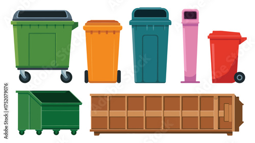 Collection of various trash cans and recycling bins in different colors and sizes