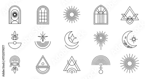 Boho mystical symbols set with sacred geometry. Sun, moon, stars, celestial elements. Magic esoteric line art logo. Minimalist spiritual astrology icons vector collection.