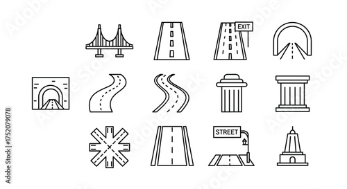 Big vector line icon set of city infrastructure and transport elements. Contains road, highway, street, intersection, bridge, tunnel, exit sign, column, and monument architecture symbols.