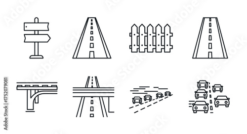 Road trip and transport line icon set. Highway, traffic jam, journey, direction, navigation. Car, route, signpost, overpass, intersection, fence vector symbols for infographics.