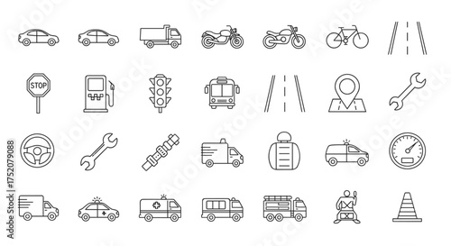 Transport line icons big set. Car, truck, bus, motorcycle, emergency vehicles. Traffic light, road signs, speedometer, repair tool, location pin and other auto symbols.