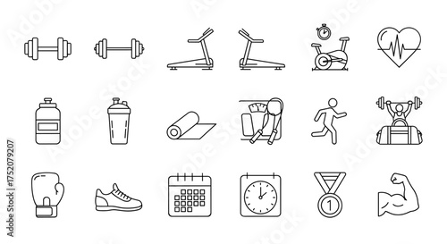 Gym fitness exercise line icons set. Dumbbell, treadmill, training, sport equipment. Healthy lifestyle workout symbols. Weightlifting, cardio, boxing, running vector signs.