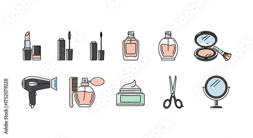 Beauty and cosmetics icon set. Makeup and hairdressing tools collection. Vector line art illustration. Lipstick, mascara, perfume, powder, hairdryer, comb, scissors, mirror.