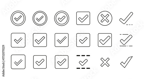 Vector set of check mark icons and close symbols in various styles and shapes for UI design, confirmation, approval, selection, and rejection indicators, minimal line art
