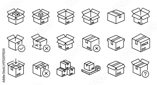 Vector line icons set of open and closed cardboard boxes with packing tape, sealed, damaged, stacked, measuring tape, check marks and question symbol, storage and shipping concept