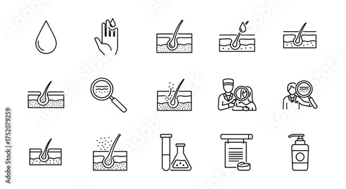 Trichology and dermatology icon set. Hair loss, alopecia, and hair growth treatment concepts. Skin layers, follicle, and scalp care. Doctor, clinic, and cosmetic science symbols.