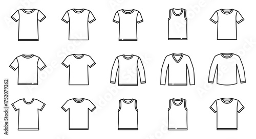 Set of simple vector line art t-shirt and tank top icons, short sleeve, long sleeve, v-neck and sleeveless shirts outline, clothing fashion apparel collection