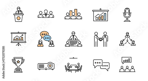Business meeting and presentation icons set. Vector outline symbols for teamwork, leadership, communication, growth charts, negotiation, hierarchy, awards, projector, and discussion concepts.