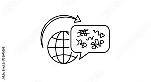 Global communication concept, international language translation icon with globe, speech bubble, and arrows, vector outline digital connection, global network and multilingual dialogue symbol