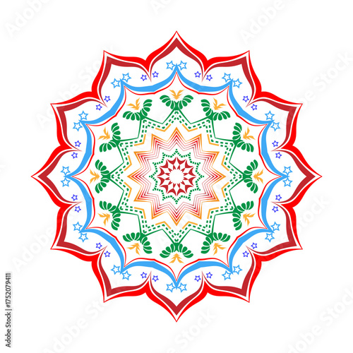 A colorful decorative mandala design with floral and geometric symmetry, perfect for use in meditation art, textile prints, wall decor, and digital backgrounds.