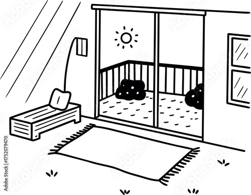 Serene Balcony Scene a Hand Drawn Monochrome Illustration