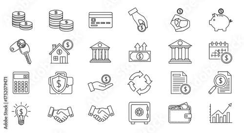 Finance and banking line icons set with money, coins, credit card, piggy bank, home, bank building, calculator, cycle, handshake, safe, wallet, and financial growth analytics symbols