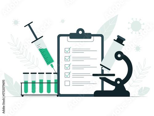 Medical research and laboratory testing with syringe microscope and checklist