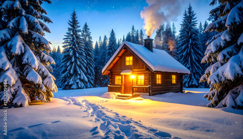 Fototapeta premium A wooden cottage in a snowy winter forest landscape
