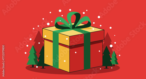 Tiny gift box with a green ribbon surrounded by Christmas trees  