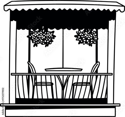 Serene Veranda Retreat Black and White Illustration of a Quiet Outdoor Space