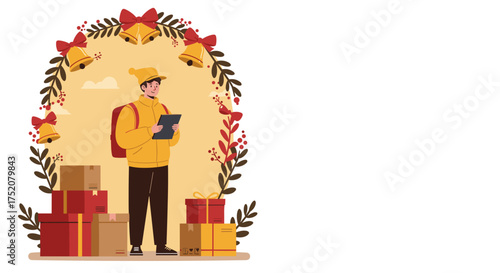 Courier delivery service worker checking packages during Christmas season  