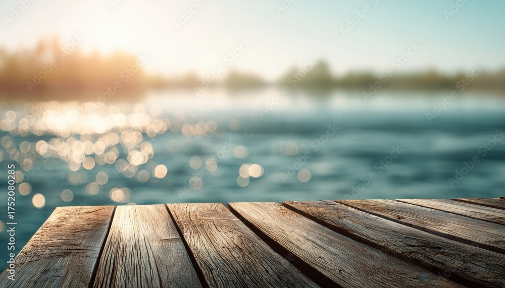 Fototapeta premium Idyllic Wood Dock By Lakeside: Blurred Sunlit Water, Empty Planks For Product Presentation In Beautiful Summertime Landscape