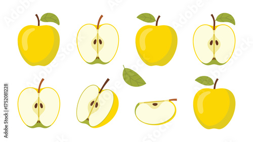 Collection of whole and sliced yellow apples with green leaves