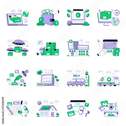 Set of Finance and Security Flat Line Illustrations

