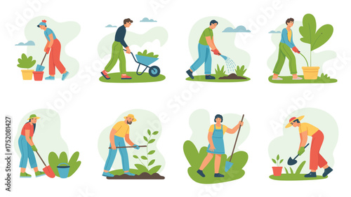 Set of people gardening and performing various outdoor chores and activities