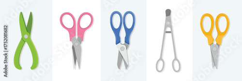 Collection of five different types of scissors and forceps on a light background
