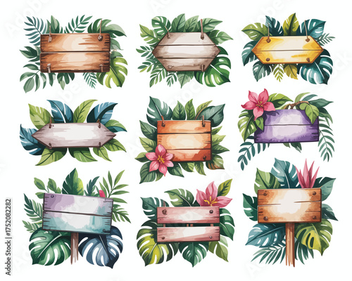 Tropical wooden signs surrounded by lush green leaves and flowers