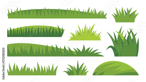 Collection of various green grass elements and hilltops isolated on white background