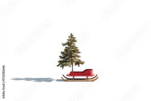 Minimalist photo of a small red wooden sled carrying a pine tree on a white background, simple, modern, and elegant holiday composition.