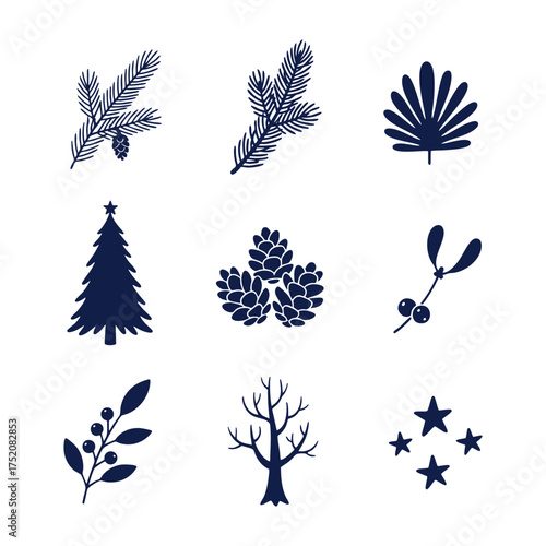 Natural Christmas Elements Hand-Drawn Silhouette Icons