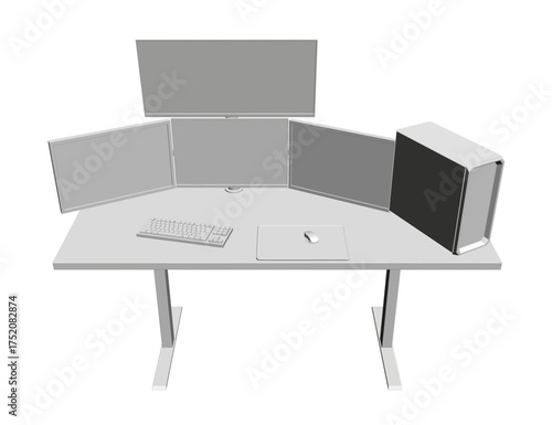 Polygonal gaming setup with dual monitors, keyboard, and mouse on an animated desk. The dynamic composition creates a sense of movement and energy.